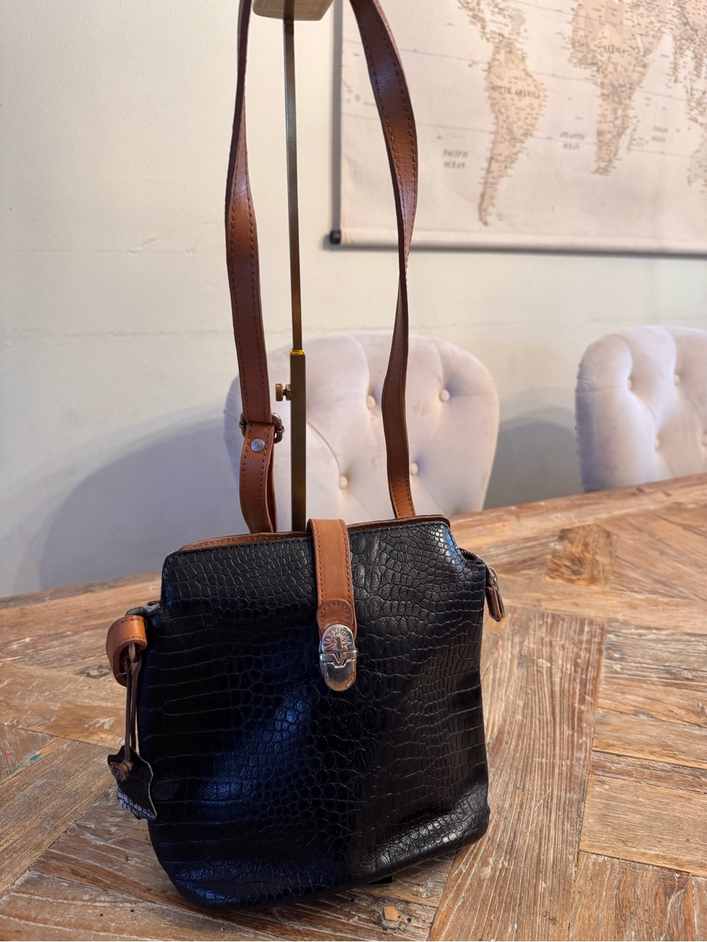 Valentina Black Croc-Embossed Leather Crossbody Bag with Tan Strap